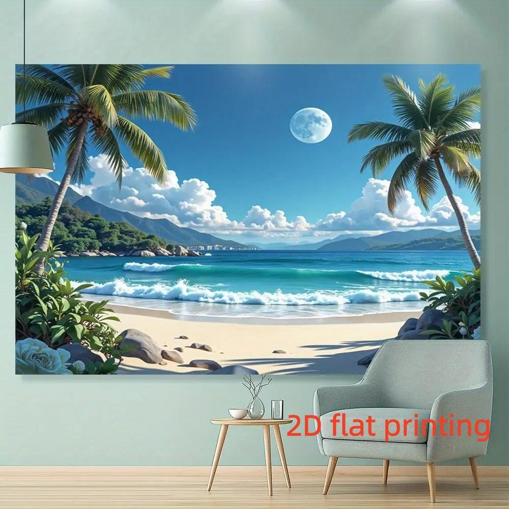 2D Flat Seaside Background Decoration Supplies, 1 PC Hawaiian Beach Scene Hanging Cloth - Tropical Party Banner with Palm Trees, Waves and Full Moon, Perfect Gift for Weddings, Birthdays, Anniversaries and All Seasons Home and Event Decoration, Hawaiian P
