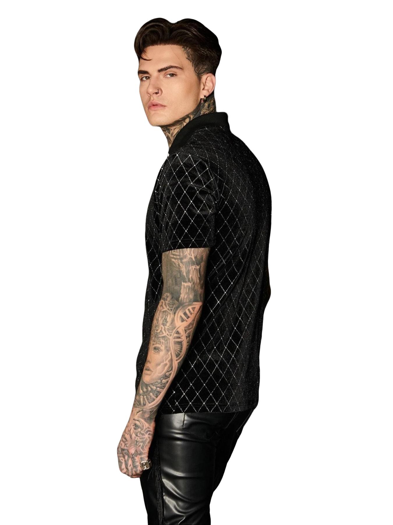 ZAFUL Men Argyle Pattern Quarter Zip Velvet Polo Shirt, For Husband Men's Velvet Printed Sparkly 1/4 Zipper Short Sleeve Collared Shirt Going Out Tops