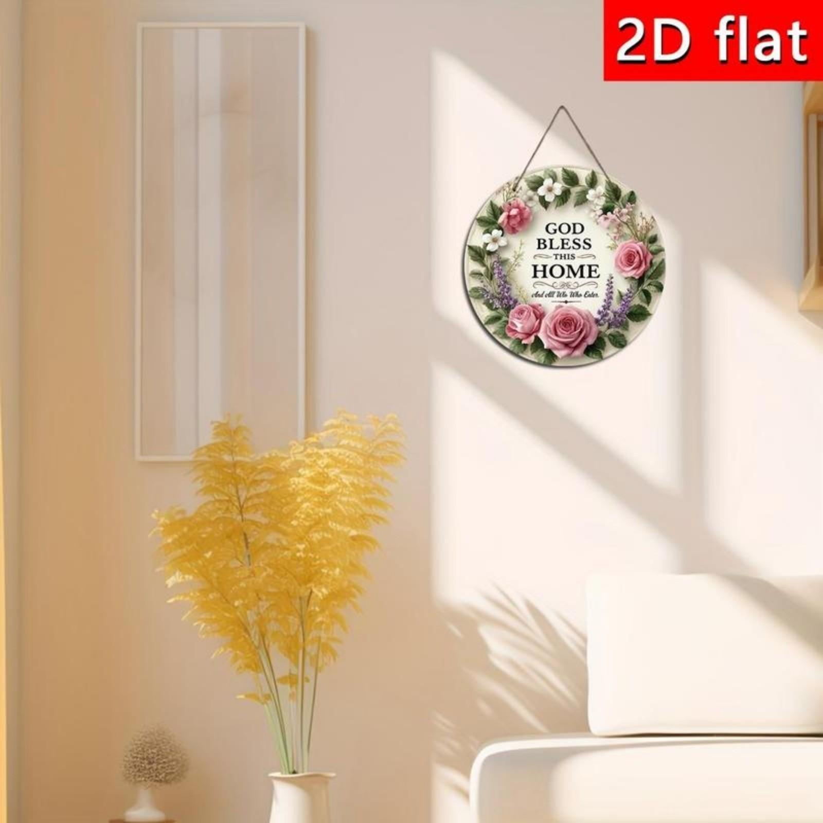 【fathersdaygift】God Bless This Home Round Wooden Sign, Floral Wreath Wall Art, Farmhouse Front Door Hanger, Inspirational Home Decor, Christian Welcome Sign for Porch, Living Room, Housewarming Gift