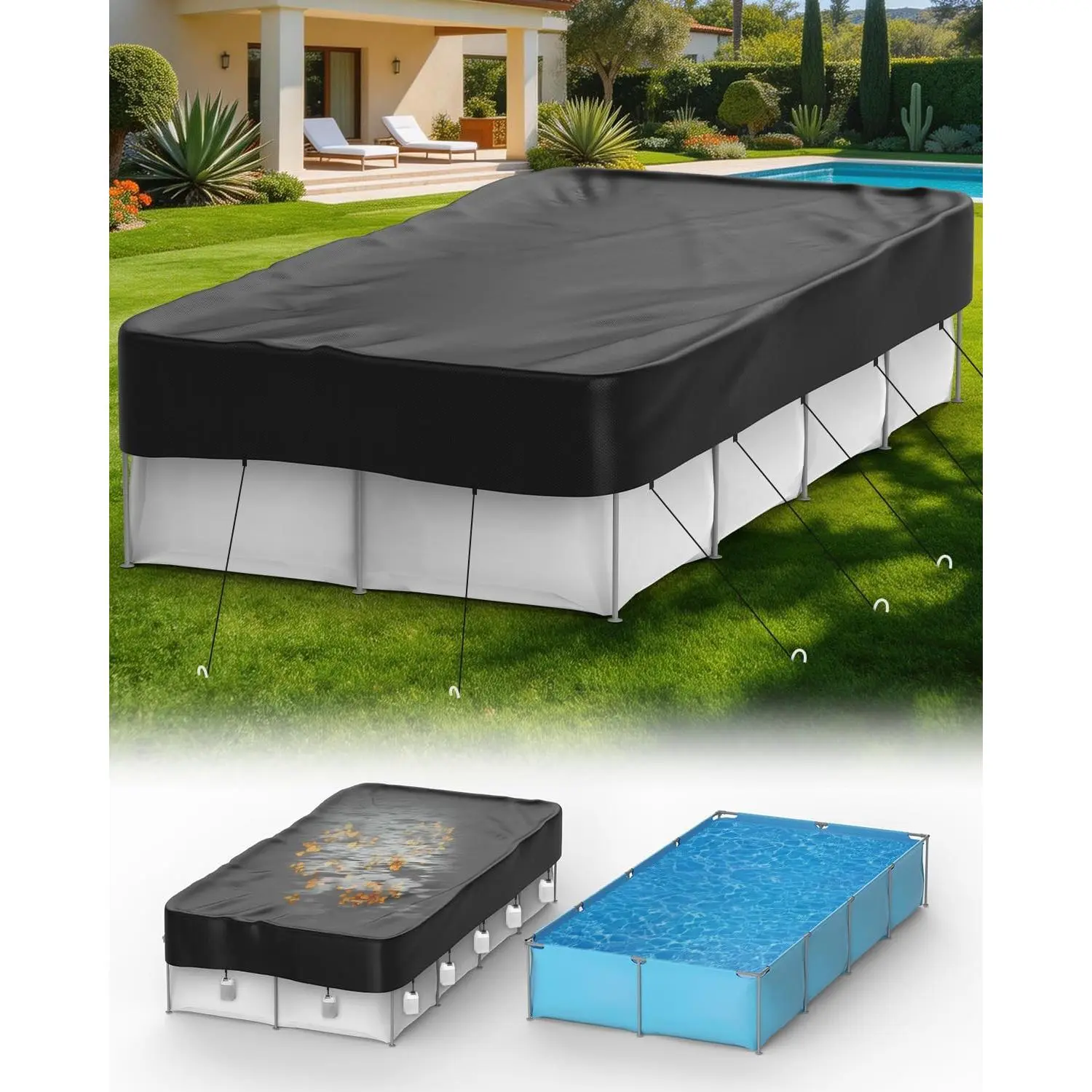 7x10 ft Rectangular Pool Covers for Above Ground Pools, Thicker Solar Pool Cover Protector - Heavy Duty  Resistant Fabric, with Ropes and Ground Nails, , , Windproof (Black)