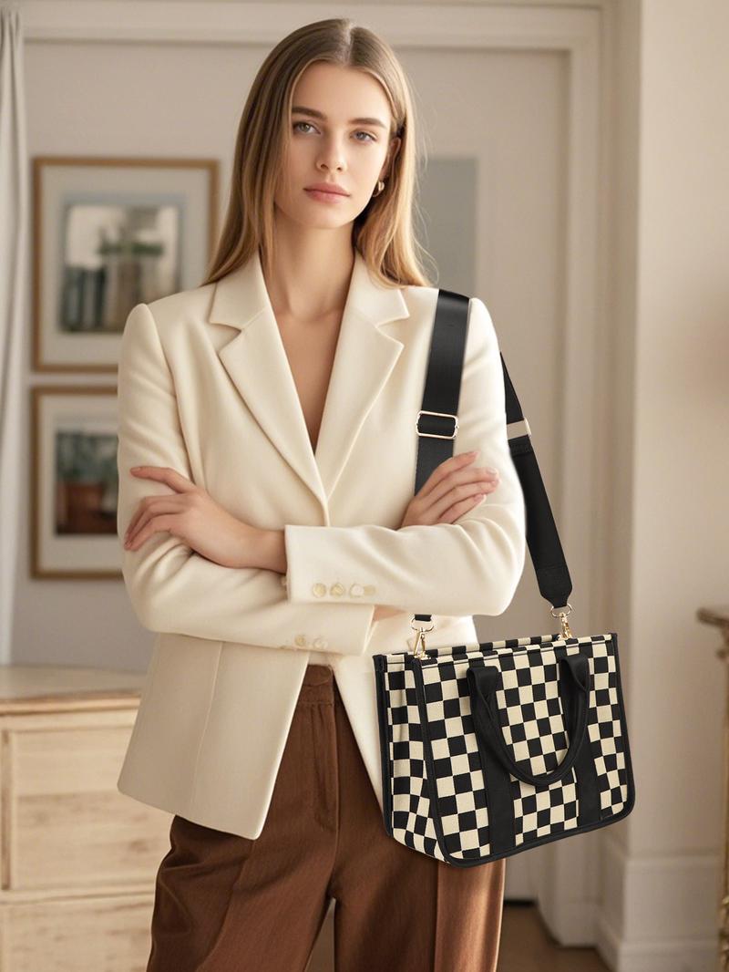 Checkerboard Pattern Tote Bag, Fashionable Canvas Classic Shoulder Bag for Women, Casual Trendy Versatile High-quality Daily Commuting Bag, Girl Fashionable Shopping Bag