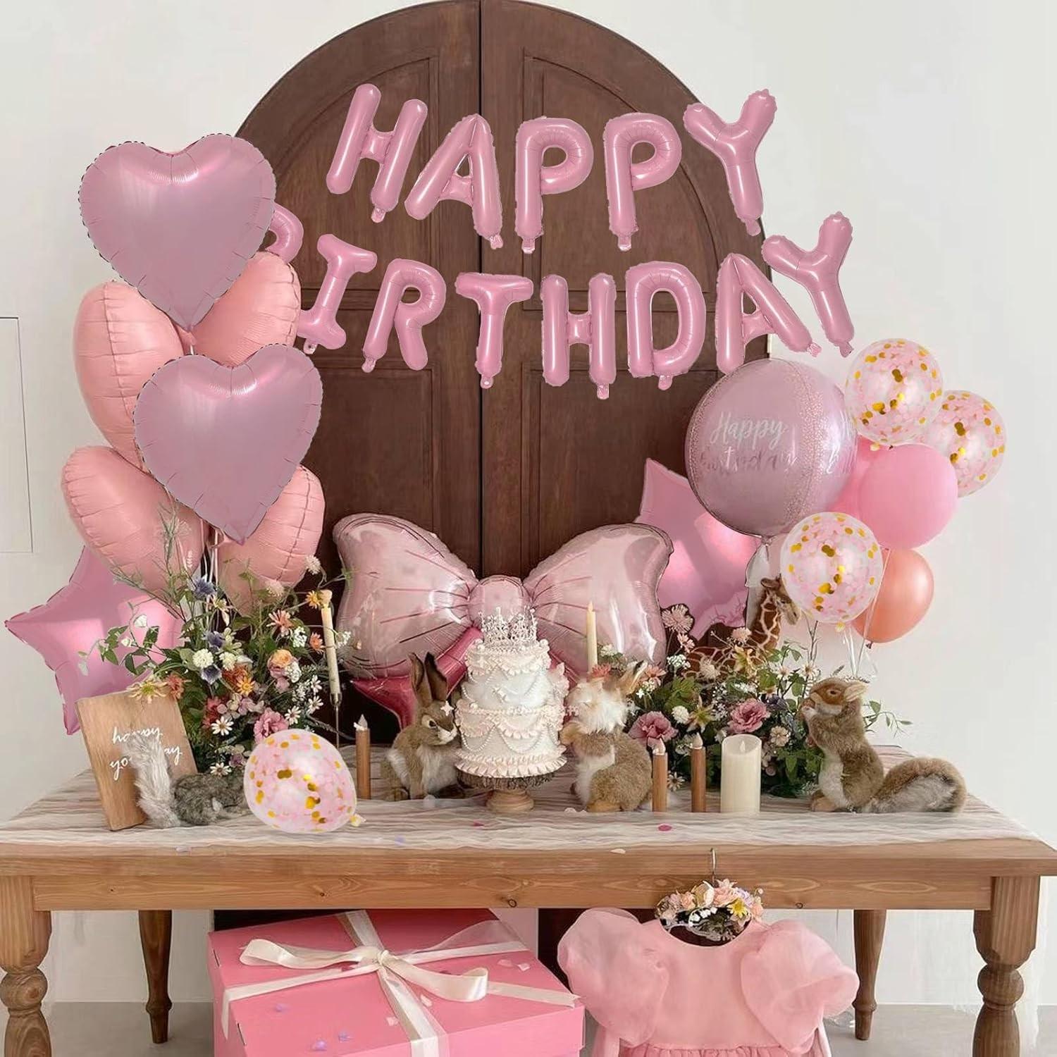29 Pcs Pink Birthday Decorations, 3D Foil Pink Happy Birthday Balloon Banner, Pentagram Heart Foil Balloons Confetti Balloons Kit For Boys Girls Birthday Party Supplies