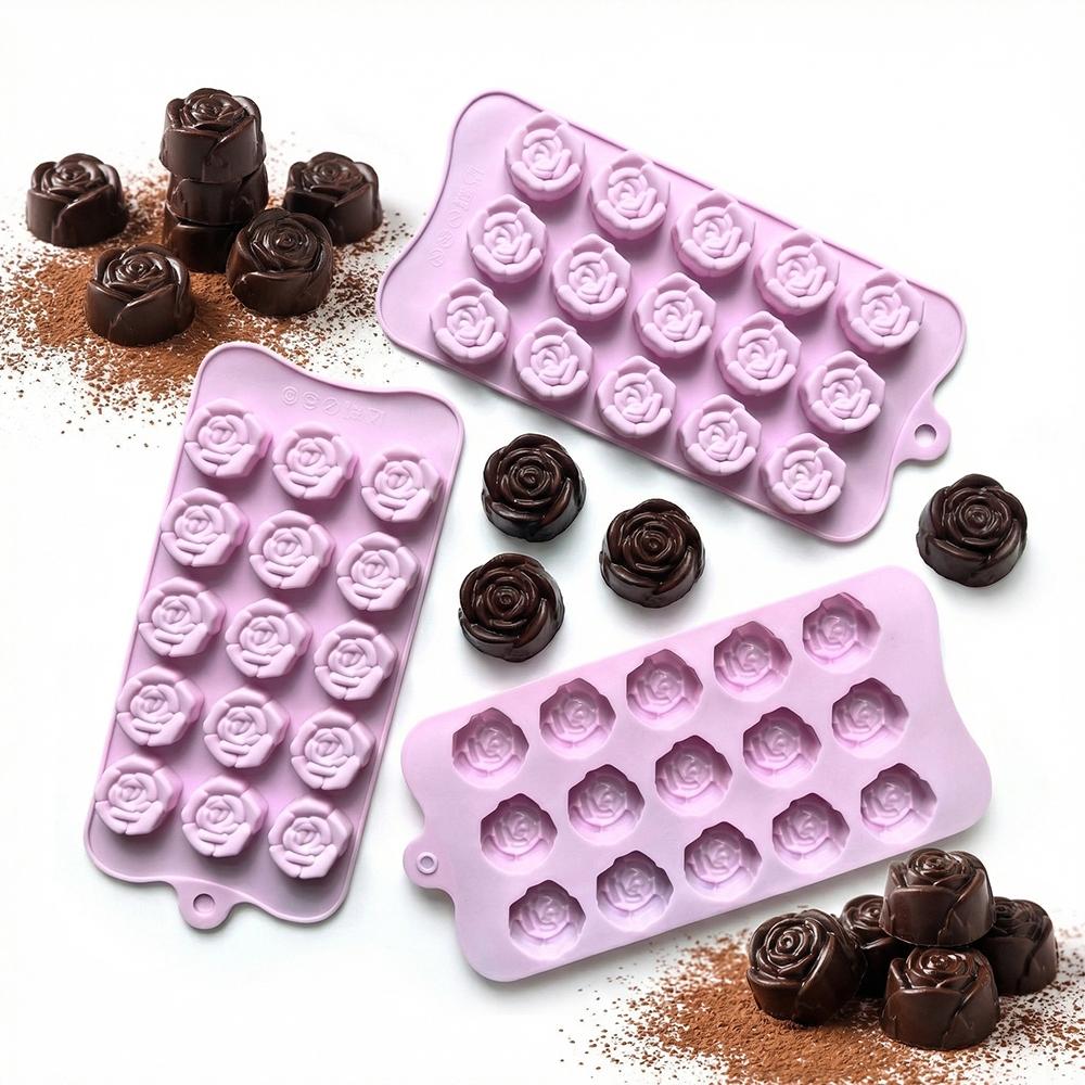3pcs Rose Shape Chocolate Cake Silicone Molds, DIY Candy Pudding Dessert Baking Tray, 15 Cavity Ice Cube Trays, Kitchen Accessories