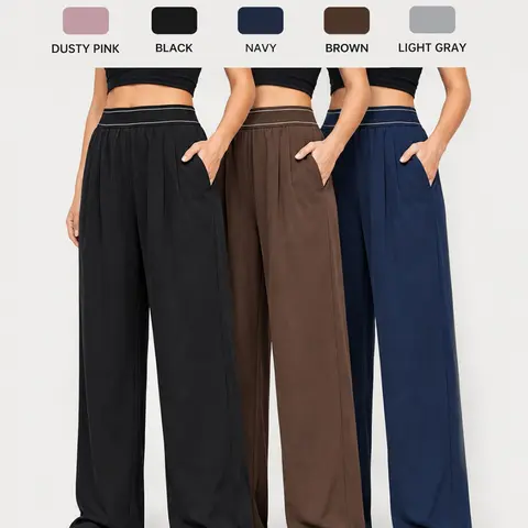 Women's Quick-Dry Wide Leg pants, Lightweight High Waisted Tummy Control Yoga Pants with Contrast Stripe Elastic Waistband & Pockets, Loose Lounge Workout SweatPants for Travel & Everyday Wear, Yoga Bottoms