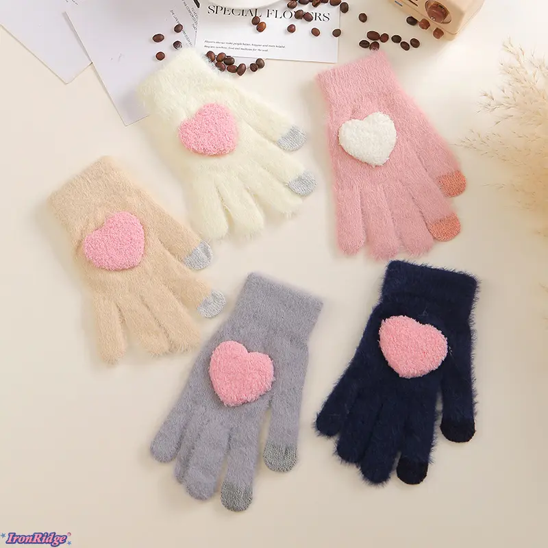 Cute Heart Knit Winter Gloves for Women, Fleece Lined Warm Touchscreen Five‑Finger Mittens, Cozy Cold‑Weather Accessory, Suitable for Students, Cycling & Daily Outdoor Use, Stylish Thermal Hand Warmer for Fall Winter Outfits