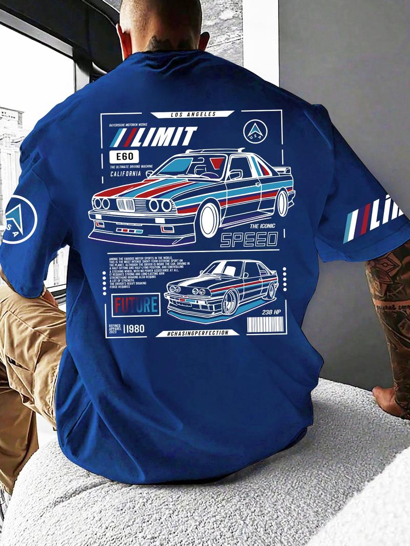 Men's Car & Letter Print Short Sleeve Graphic Tee, Regular Fit Streetwear Casual Round Neck T-shirt for Summer, Men's Top for Daily Wear