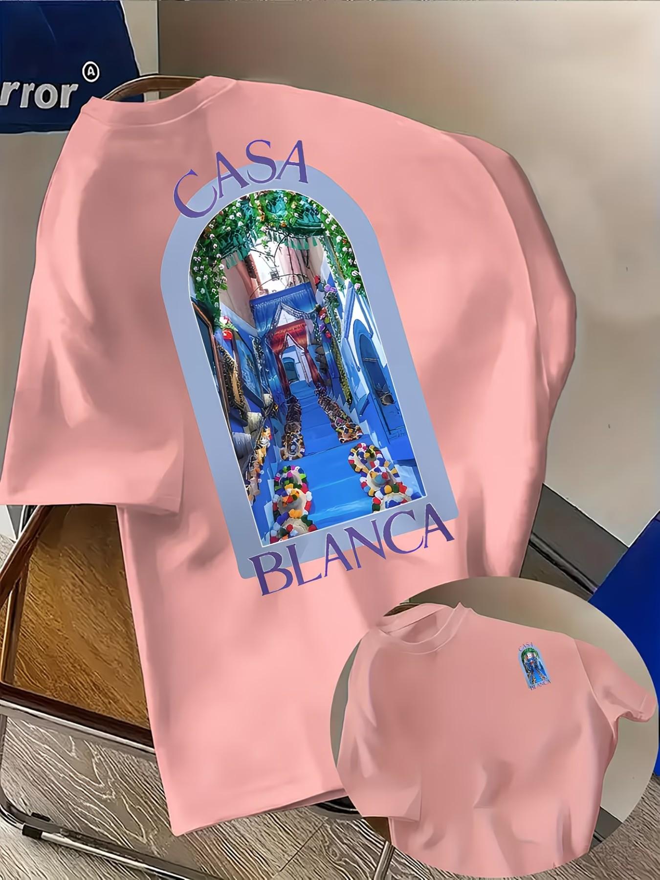 "casablanca" Creative Animal Print Men's Round Neck Short Sleeve, Comfortable Material, Fashion Trendy, Suitable for All Seasons