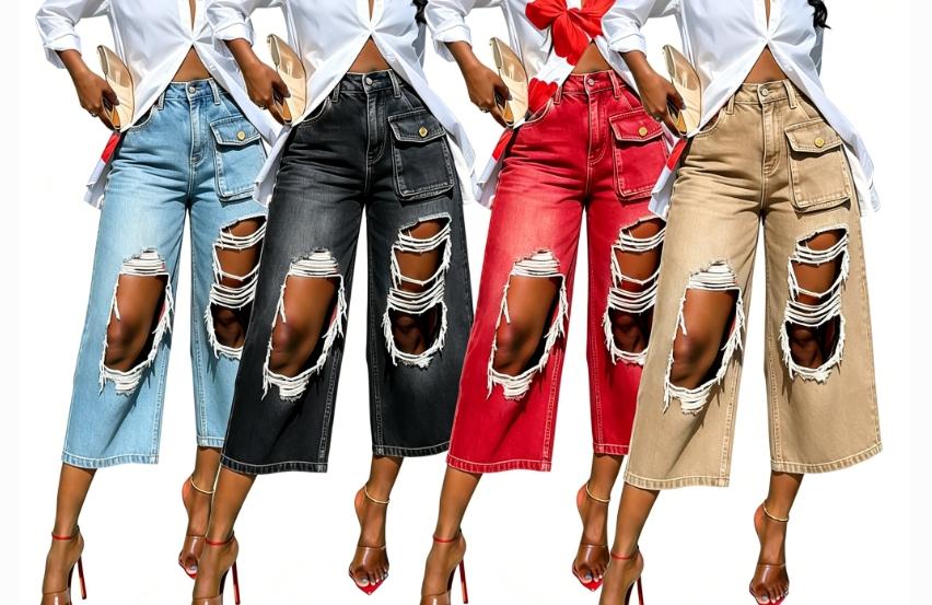 Summer New Style Punk Wind Solid Color Denim Ripped High Waist Multi ...