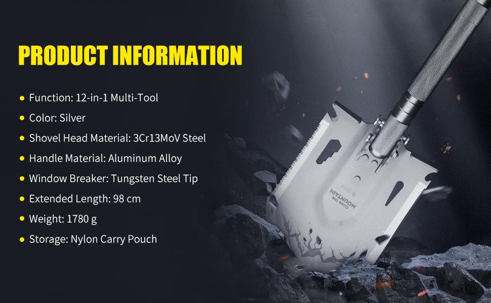 Wetactics MT-20 14-in-1 Folding Shovel – Outdoor Camping, Car, Off-Road, Home & Garden Tool with Adjustable Head, Knife, Fire Starter, Whistle, Glass Breaker, Bottle Opener & Nylon Pouch