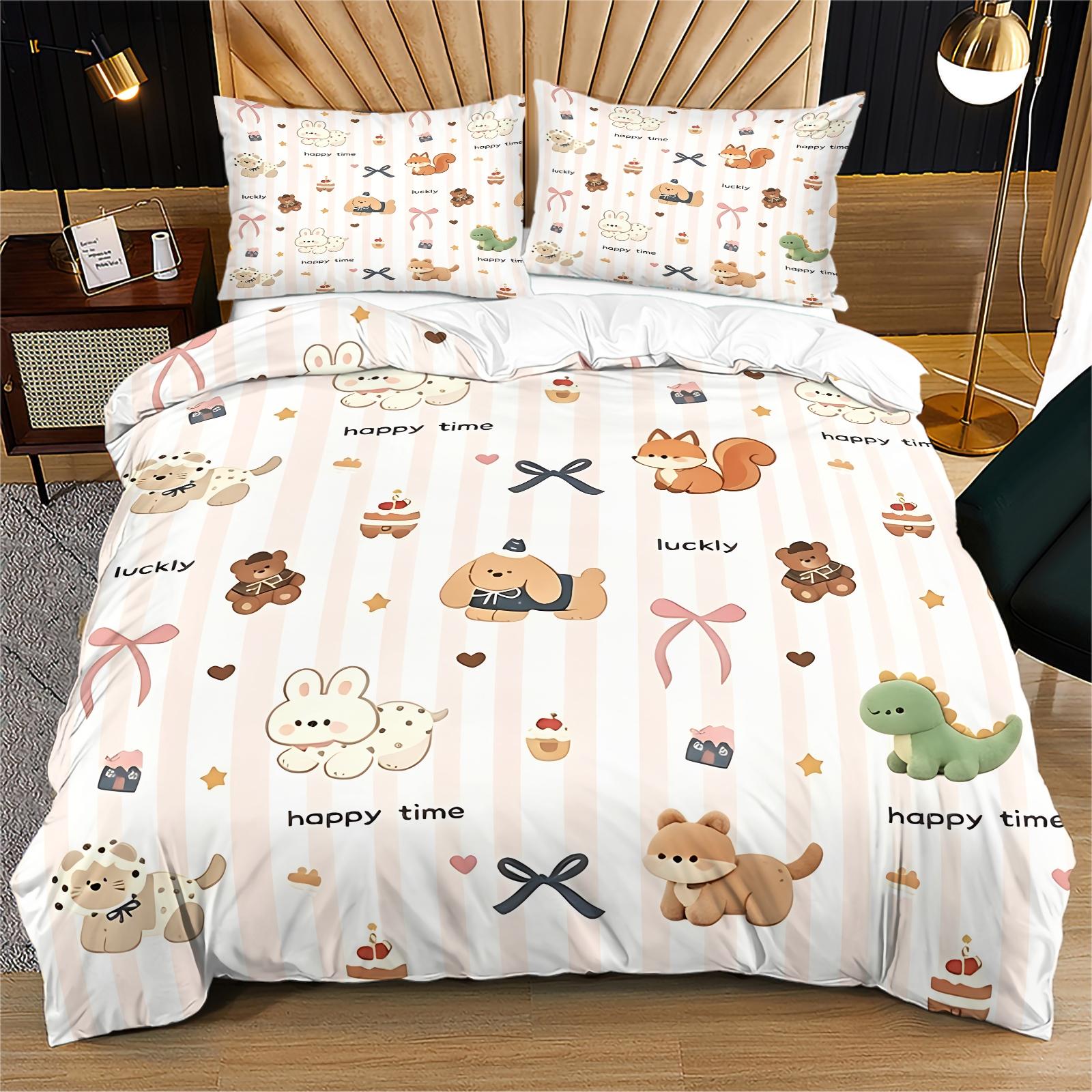 3-Piece Korean-Style Cute Cartoon Bear Checkered Duvet Cover Set, Perfect for Teenage Boys. Ultra-Soft Bedding, Fits a Double Bed. Full Queen-Size Duvet Cover Set (Filling Not Included)