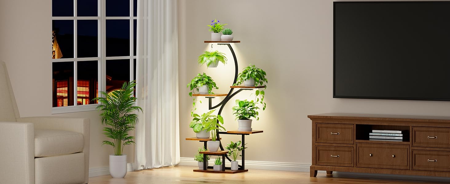 Plant Stand with Grow Lights, 44" 7 Tier Corner Shelf for Flower Display, S-Shaped Rack for Home, Living Room