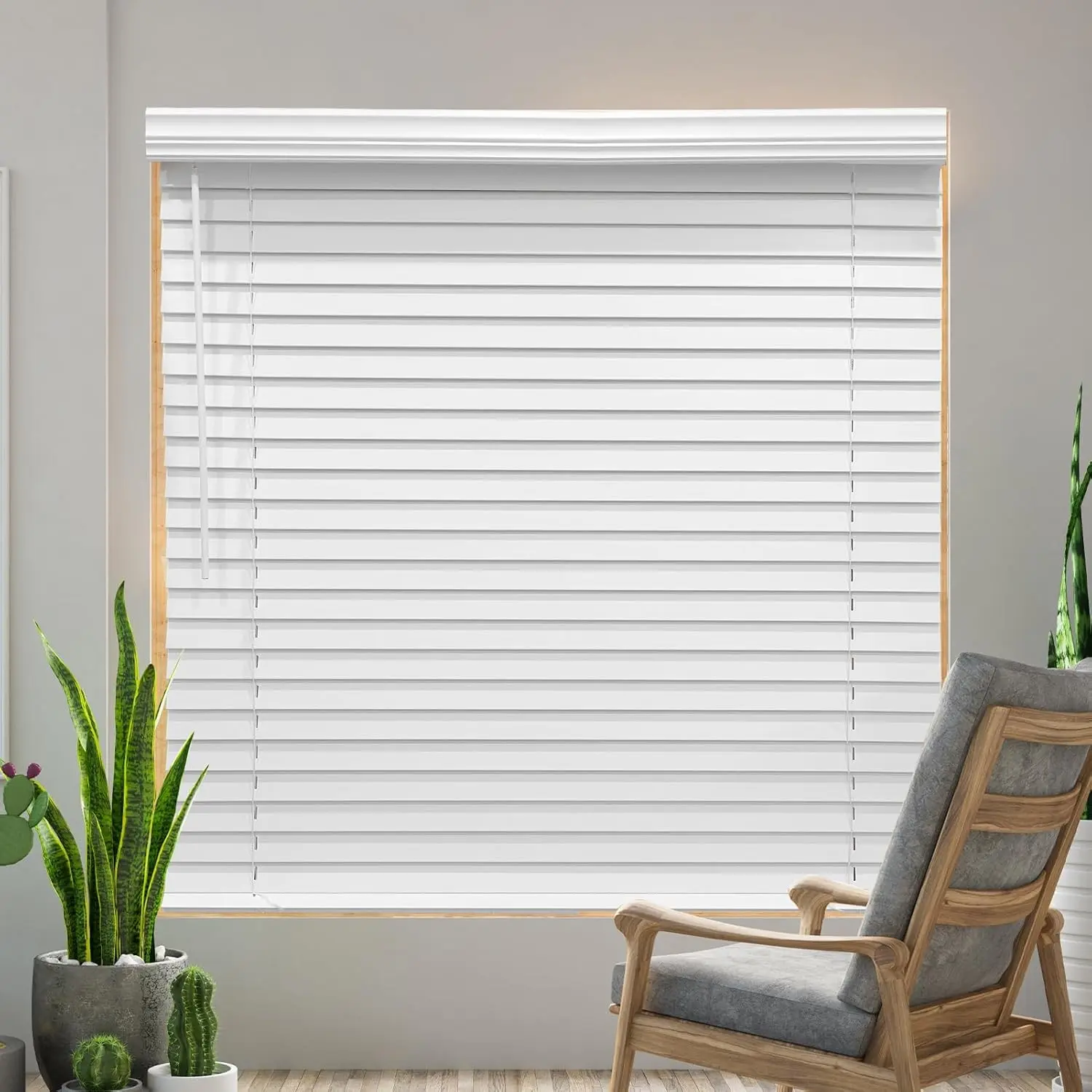 Cordless Faux Wood Blinds 26" W x 36" H, 2 Inch Slat Horizontal Windows Blinds with Crown Valance, Room Darkening, White Blinds for Home Interiors.