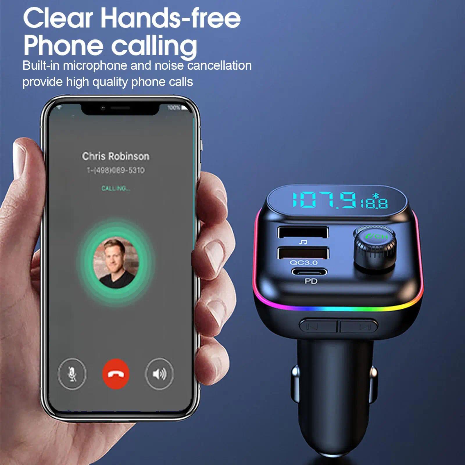 Bluetooth Car Adapter, In-Car FM Transmitter with Bluetooth 5.0, 18W PD Fast Charging, QC3.0, USB + PD Ports, Type-C, Colorful Ambient Light, Dual Music Player, Bluetooth Calling, Cigarette Lighter Accessory with Easy Setup