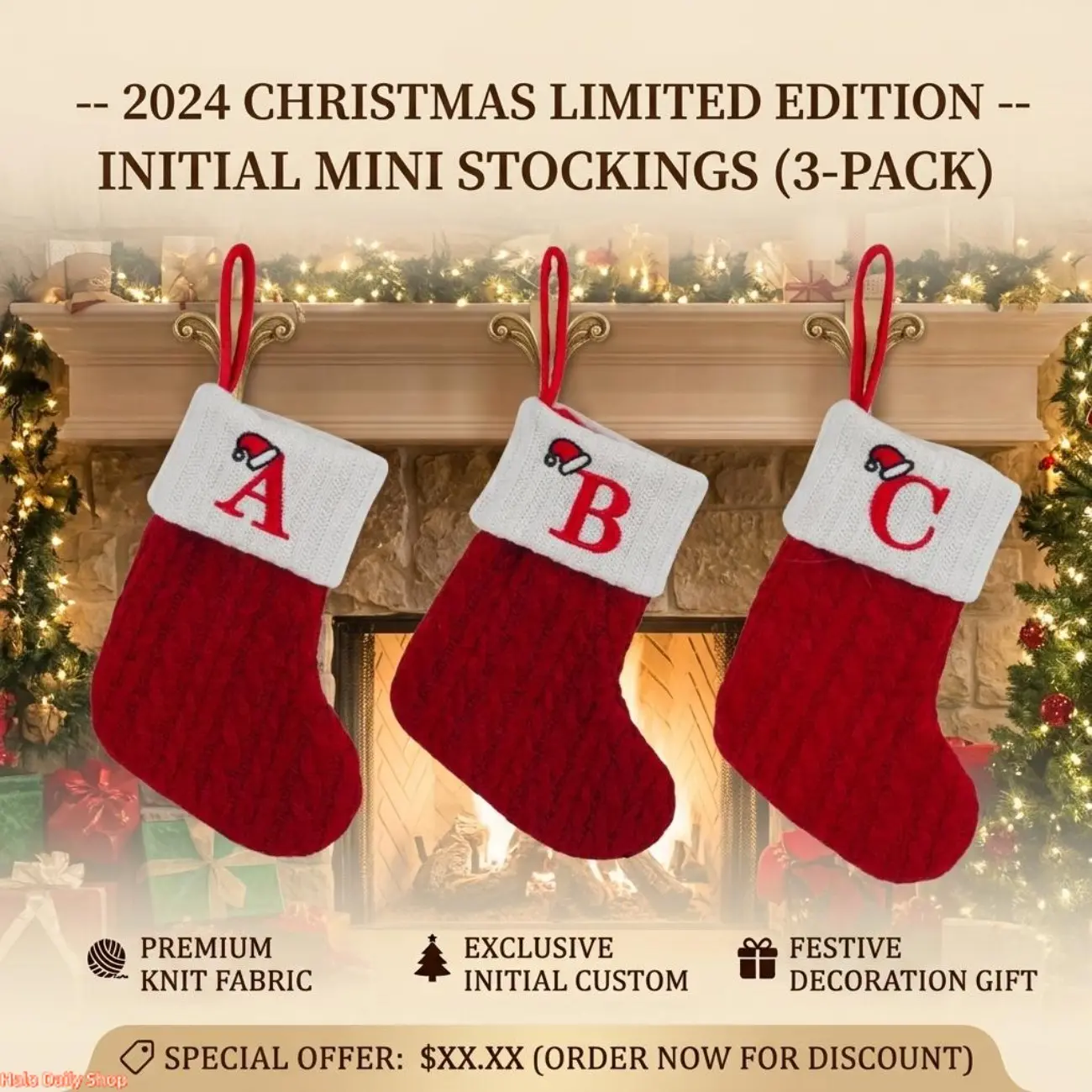 Classic Christmas Stocking Set - 7in Knitted Embroidered Alphabet Polyester Gift Bag with Rope, Hanging Decor for Christmas Tree Mantel Fireplace Party, Fashion Accessory for Cosplay, Decoration