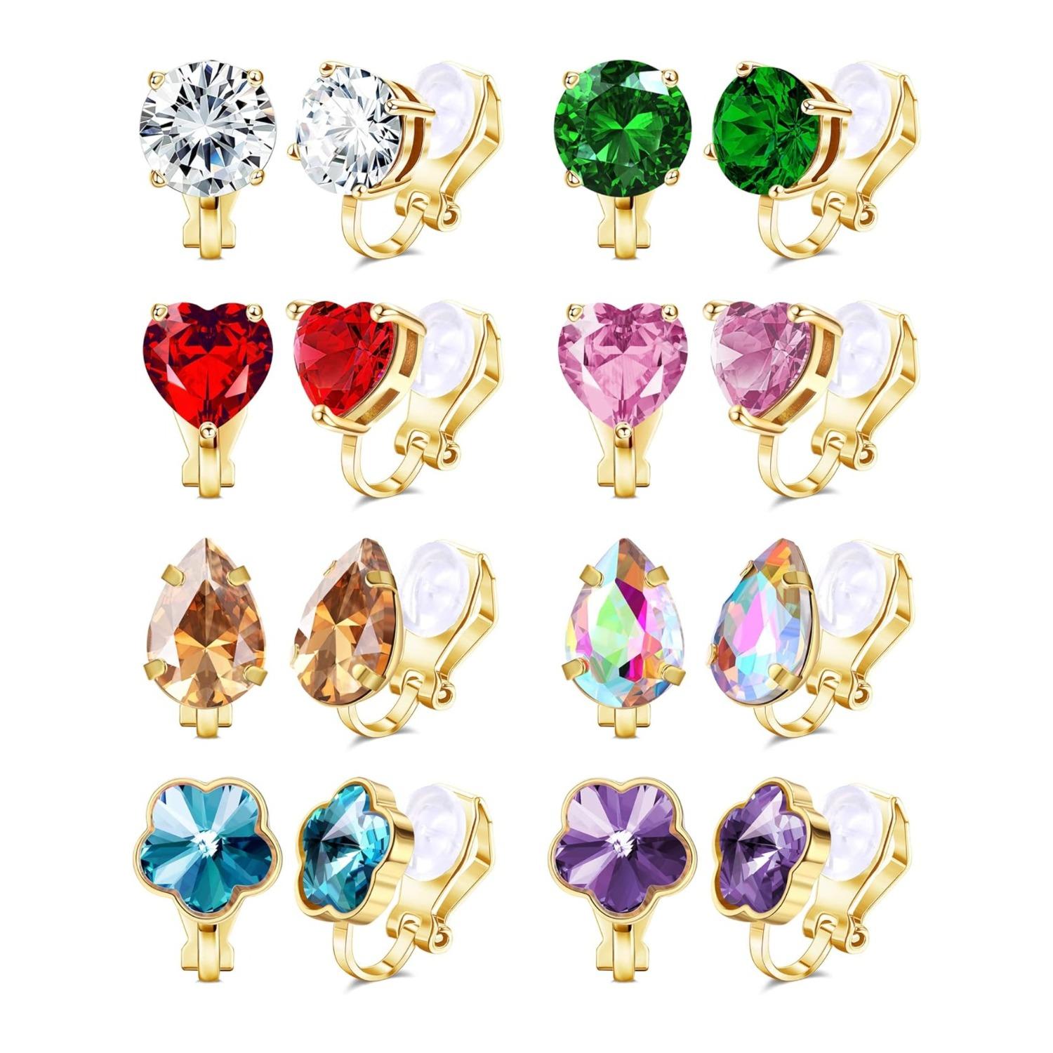 8 Pairs Clip On Earrings Set for Women - Non-Pierced CZ Heart, Butterfly, Flower Earrings - Hypoallergenic, Vibrant Color Birthstone Clip Ons