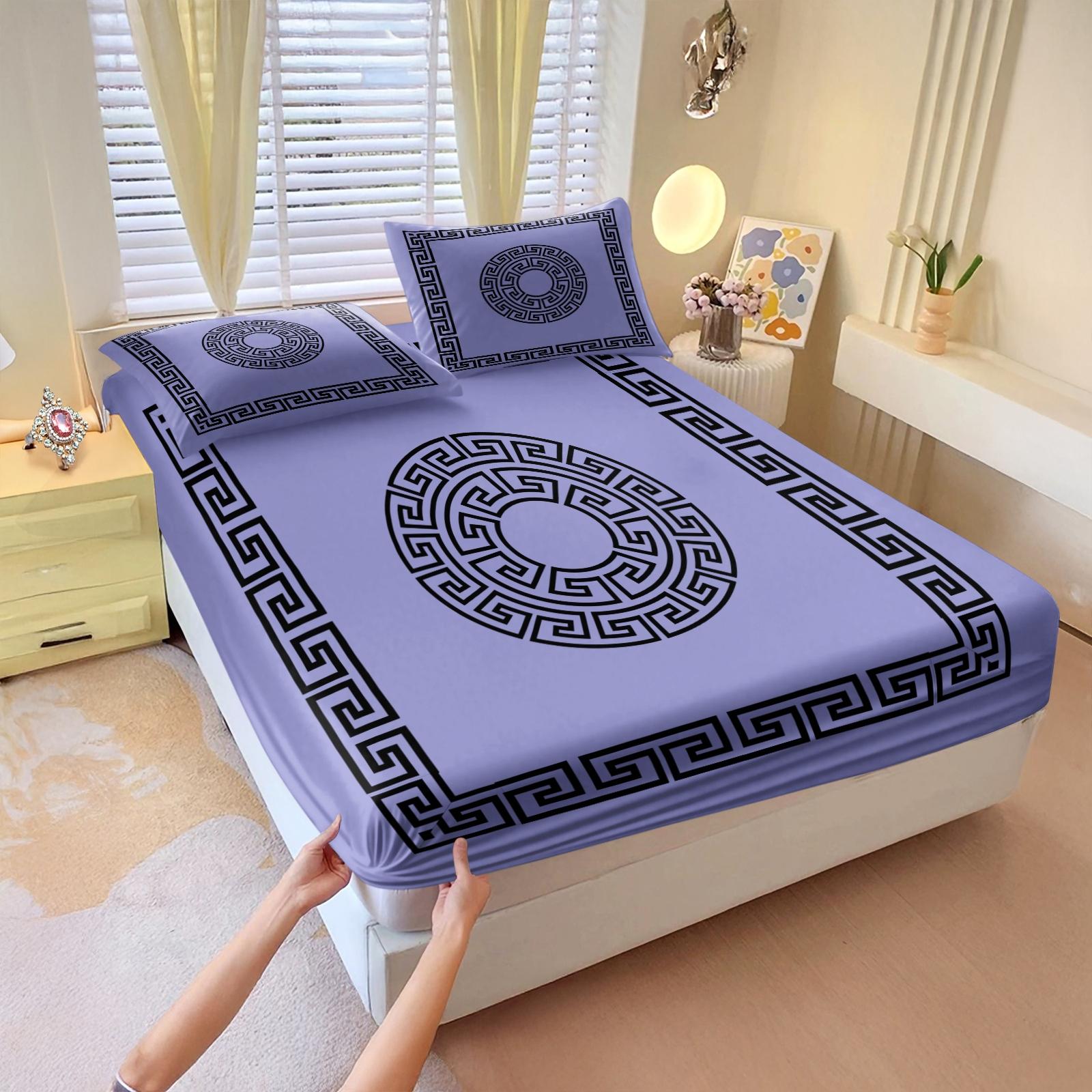 3 Pcs Solid Color Geometric Pattern Fitted Sheet Set,Includes 1 Fitted Sheet & 2 Pillowcases without Filler,Minimalist style, vintage and sophisticated look, soft and comfortable, Soft Bedding Sheet,Suitable for all seasons,Multiple styles available.