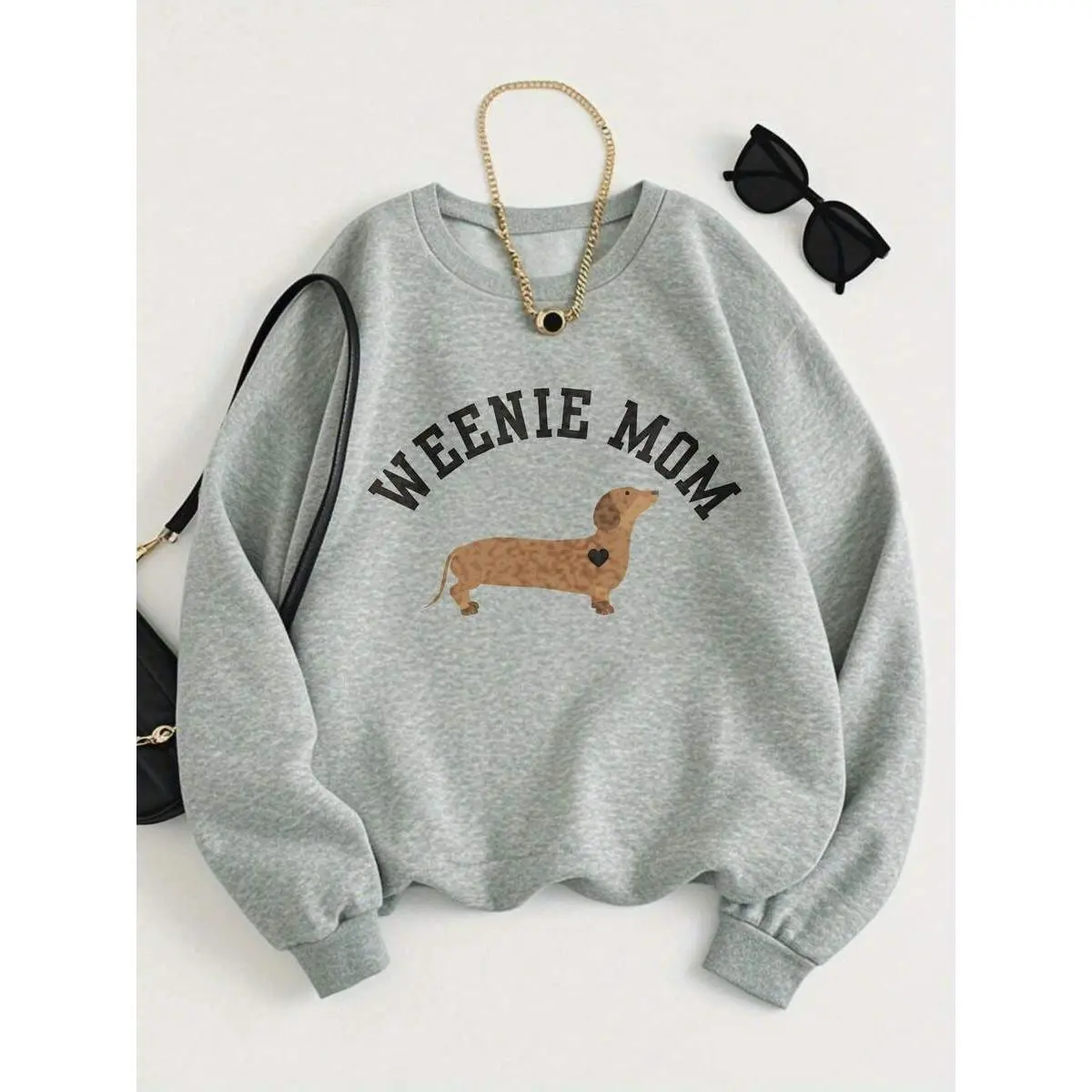 Women's Weenie Mom Dachshund Graphic Crew Neck Sweatshirt - Premium Thick Cotton, Enhanced Durability & Soft Fabric, Long-Lasting Clear Print, Fade-Re