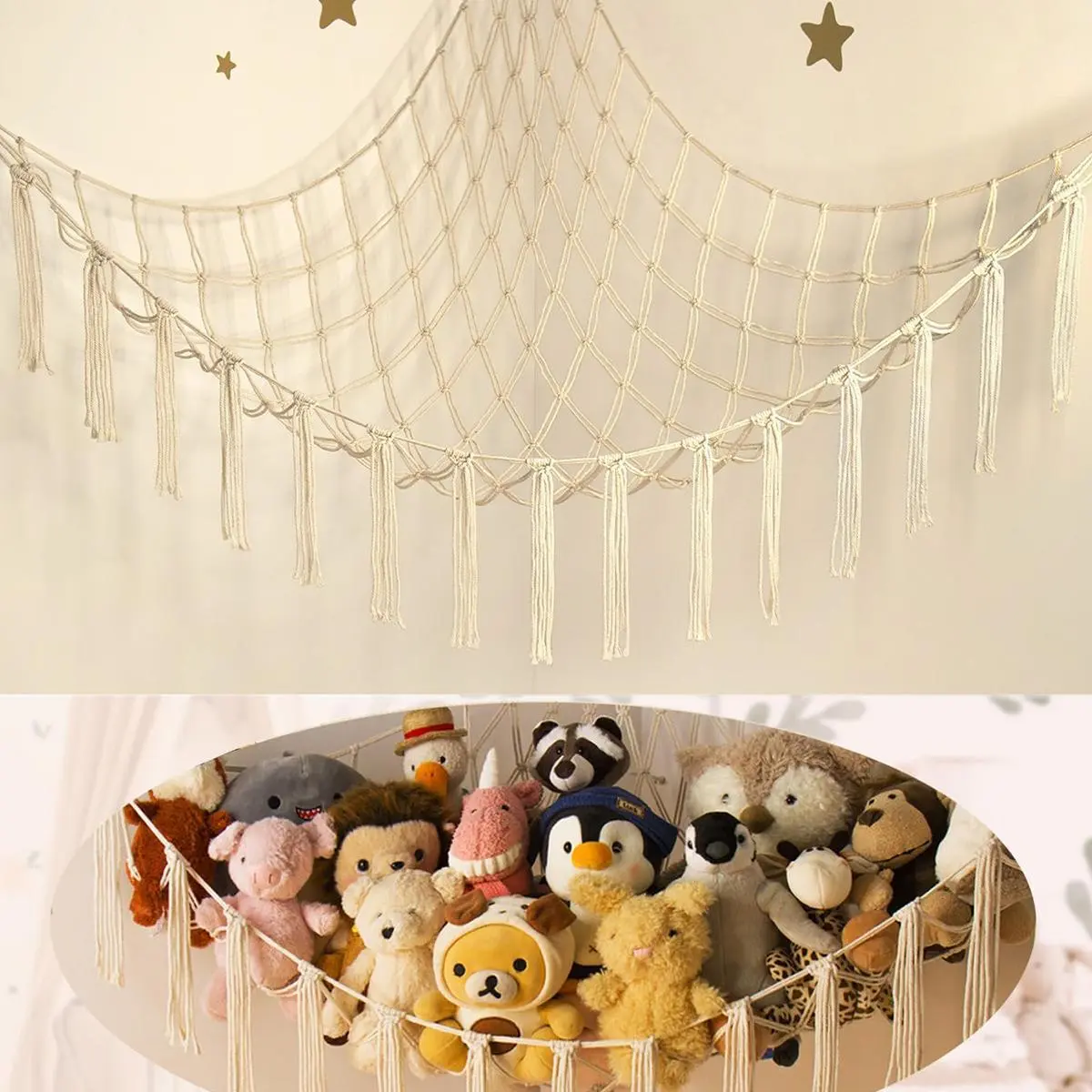 Plush Toy Hammock Hangable Boho Stuffed Animal Corner Hanging Net Practical Cotton Organiser for Bedroom Nursery Decoration Ornaments