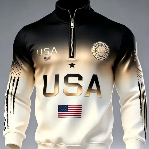 American Style Gradient Half-Zip Stand Collar Sweatshirt for Men, Athletic Sweatshirts, Flag Print Trendy Sports Casual Top, Fashionable Hoodie
