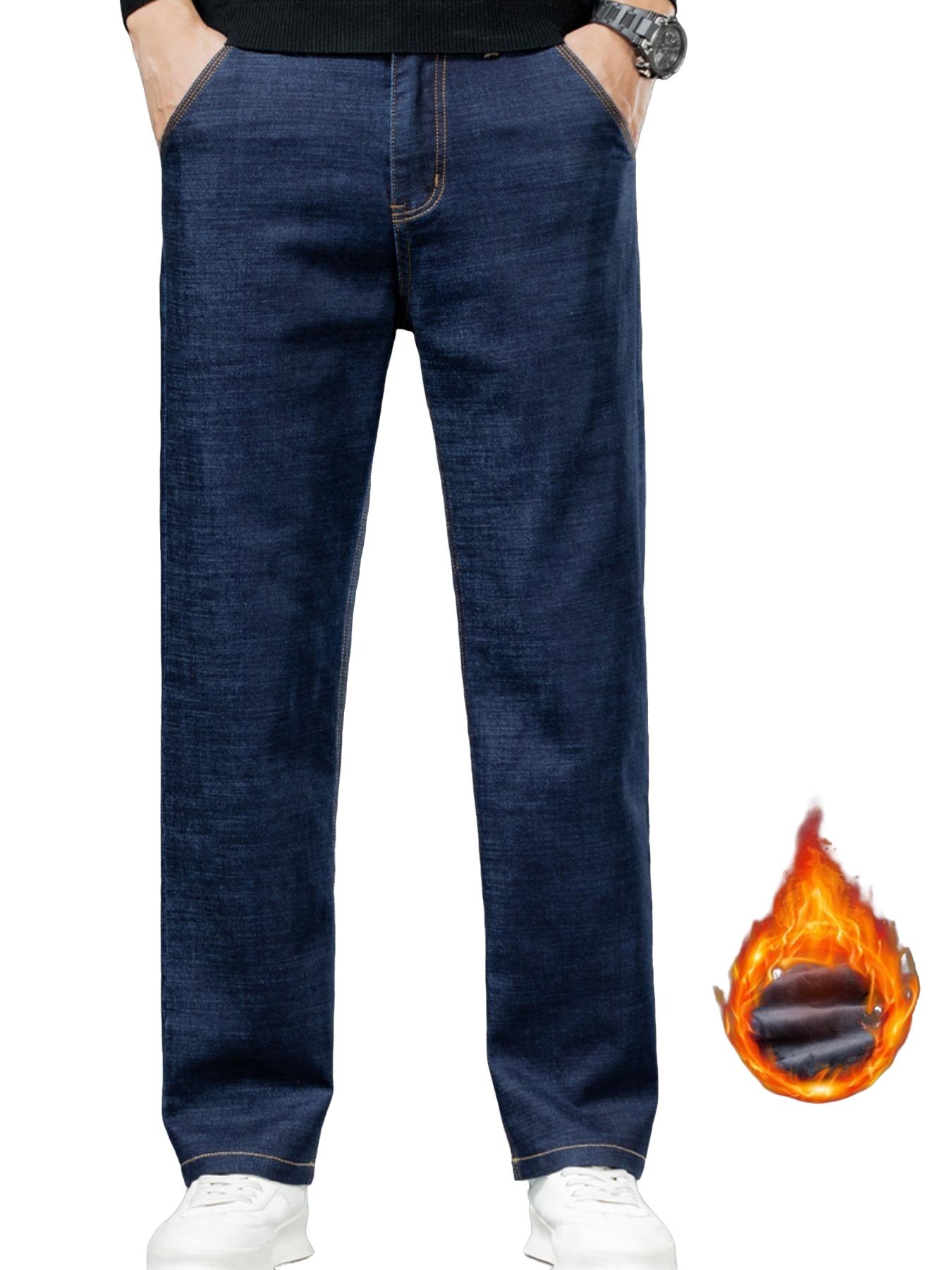 Men's Denim Jeans with Topstitching, Loose Straight Leg Long Pants, Stretch Fashion Pants for Fall & Winter