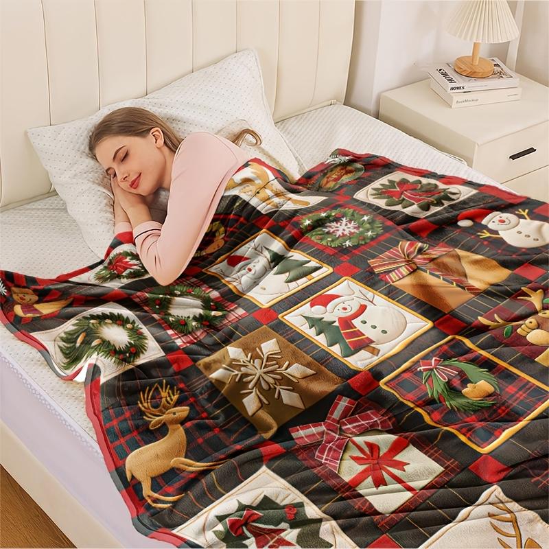 YHFZ Vintage Christmas Plaid Throw Blanket - Anti-Slip Hypoallergenic Flannel, Festive Plaid Patches, Soft & Cozy - Ideal for Beds, Sofas & Home Use - All-Season Gift, Anti-Slip Flannel