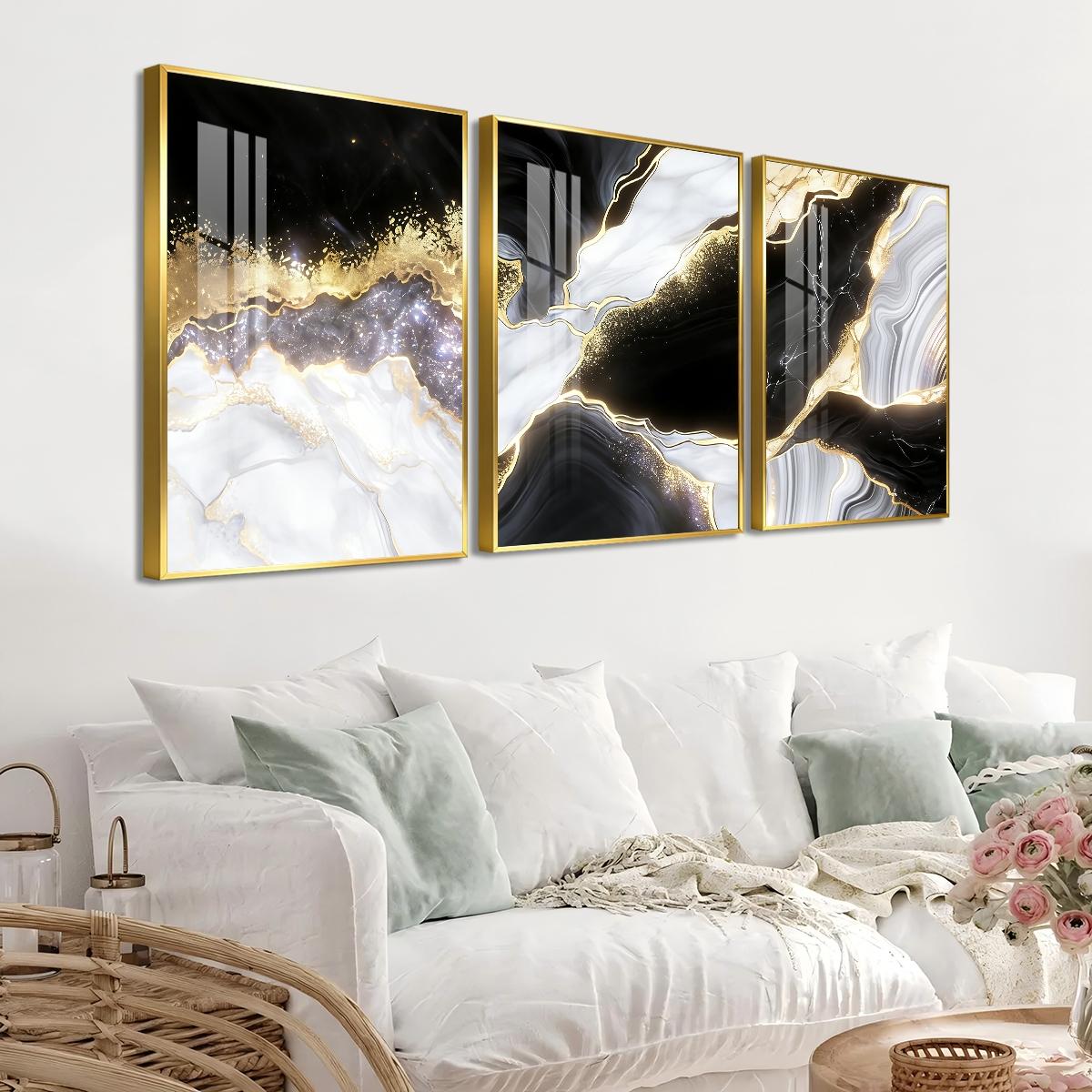 3 Counts Aluminum Alloy Framed Painting, Black White Gold Abstract Marble Art Pictures, Home Decoration For Living Room, Bedroom, Office, Restaurant, Hallway Wall Decor, Odorless Print Artwork, Luxury Perfect Gift For Friends And Family