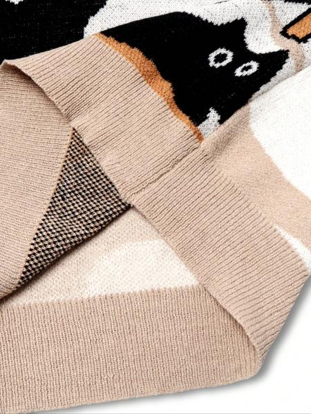 Autumn Winter Unisex Casual Knit Pullover Sweater, Round Neck Long Sleeve Cartoon Pattern Top, Loose Fit School Back-To-School Wear