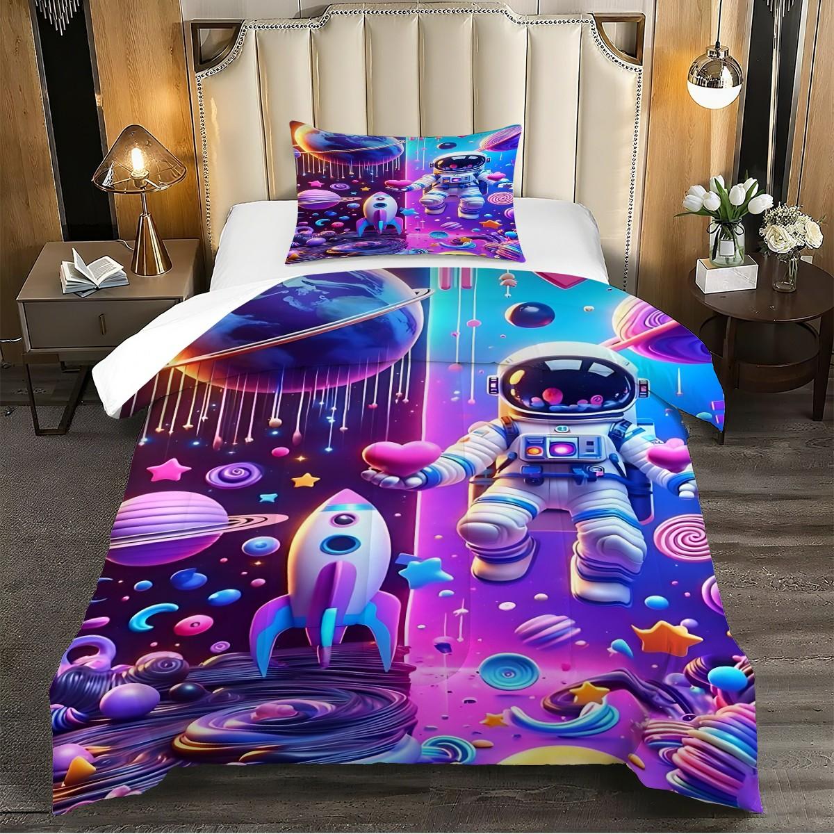 2/3-Piece Astronaut Patterned Comforter Set, Psychedelic Pop Style Bedding Set, Delicate Patterned Soft Quilted Bedspread, Perfect for Adding A Lively Atmosphere to Your Bedroom or Room, Including 1 or 2 Pillowcases, No Pillow Core
