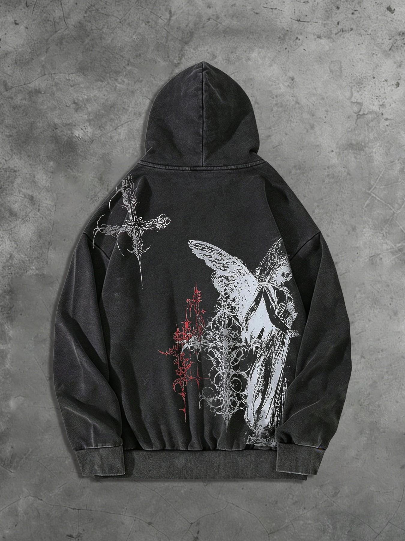 Men's Y2K Dark Aesthetic Saint Thorn Cross Zip Graphic Hoodie