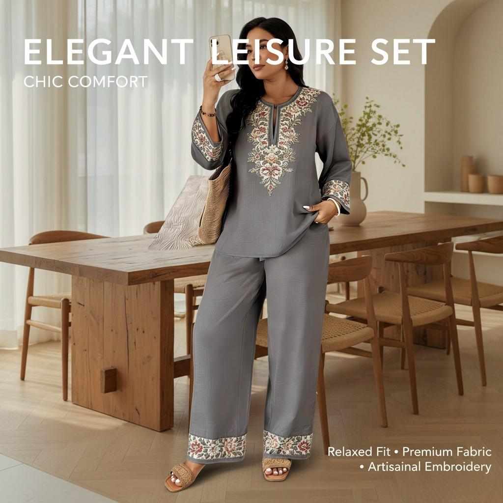 Women's Ethnic-Style 2026 2-Piece Dress & Top Set, Long-Sleeved with Lace Flower Details
