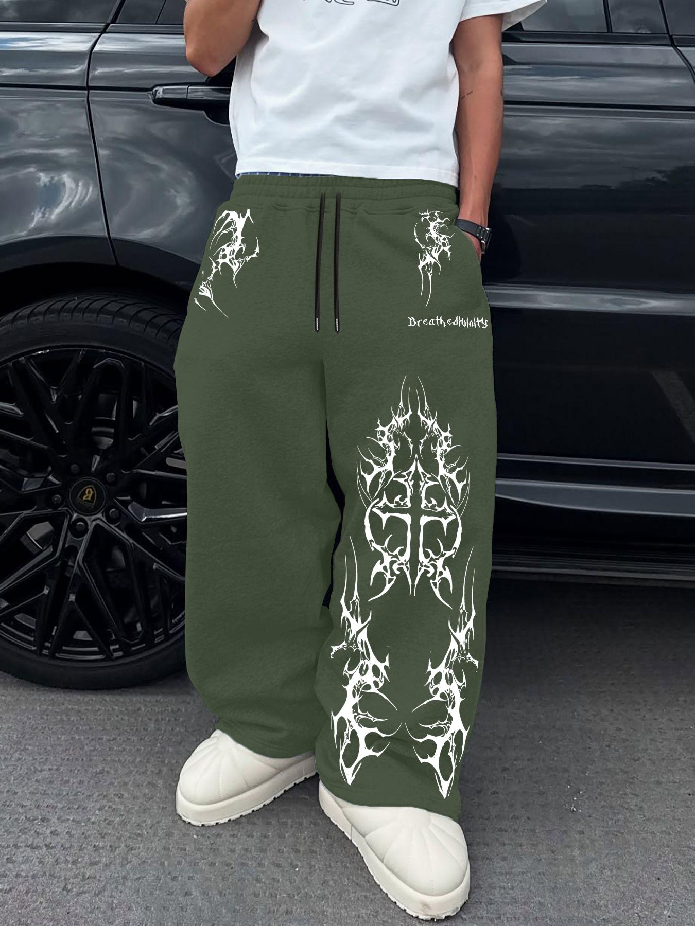 Men's Fashion Casual Sport Pants, Dark Totem Print, Cool Style, Loose Fit, Drawstring Waist, Breathable Sweat-Absorbent, Streetwear, Athletic Bottoms
