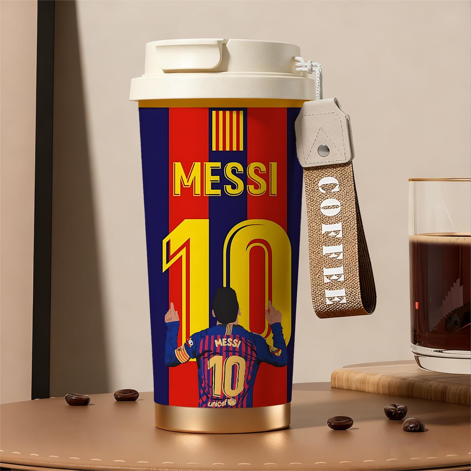 Auracup 18 oz Soccer Vacuum Tumbler, Messi 10 Design Double-Wall Stainless Steel Insulated Mug with Lid and Strap, Leak-Proof Skinny Portable Thermal Cup for Hot and Cold Drinks, Football Fan Coffee Travel Mug
