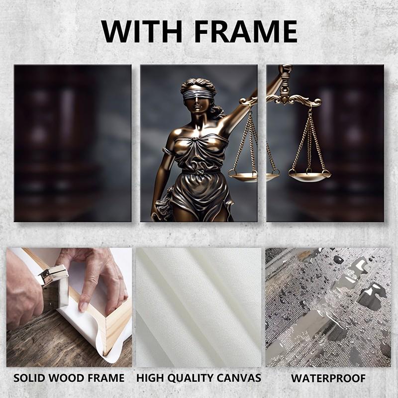 3 Piece Set Wooden Framed Canvas Poster, Photo, Legal Art, Artistic Justitia, Scales, Modern Aesthetics, Lady Justice, Home Decor, Decoration, Art Print, Wall Art for Living Room, Bedroom, Office, Law Firm, Ideal Gift For Lawyer.