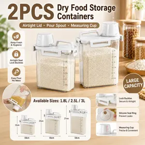 2pcs 1.8/ 2.5/3L Food Grade Grain and Miscellaneous Grain Storage Box, Food Storage Bag，Rice Bucket Storage Tank, Sealing Tank, Kitchen Utensil New, Airtight Large Dry Food Storage Containers with Pouring Spout Measuring Cup for Snacks Grain Rice