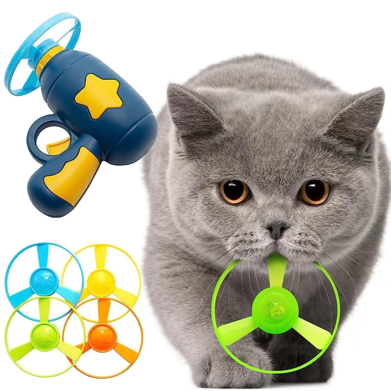 Interactive Flying Cat Toy Set, Includes 1 Light-Up Spinning Top & 5 Flying Propellers, Kitten Tracking Toy for Training & Chasing
