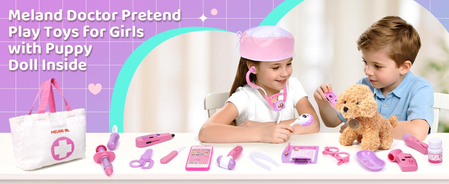Colorful Plastic Pretend Doctor Kit for Girls with Dress-Up Costume, Dog Figure, Carrying Bag, Stethoscope - Educational Role Play Toy Gift for Kids Toddlers Ages 3-6, Colorful Set, Pretend Kit