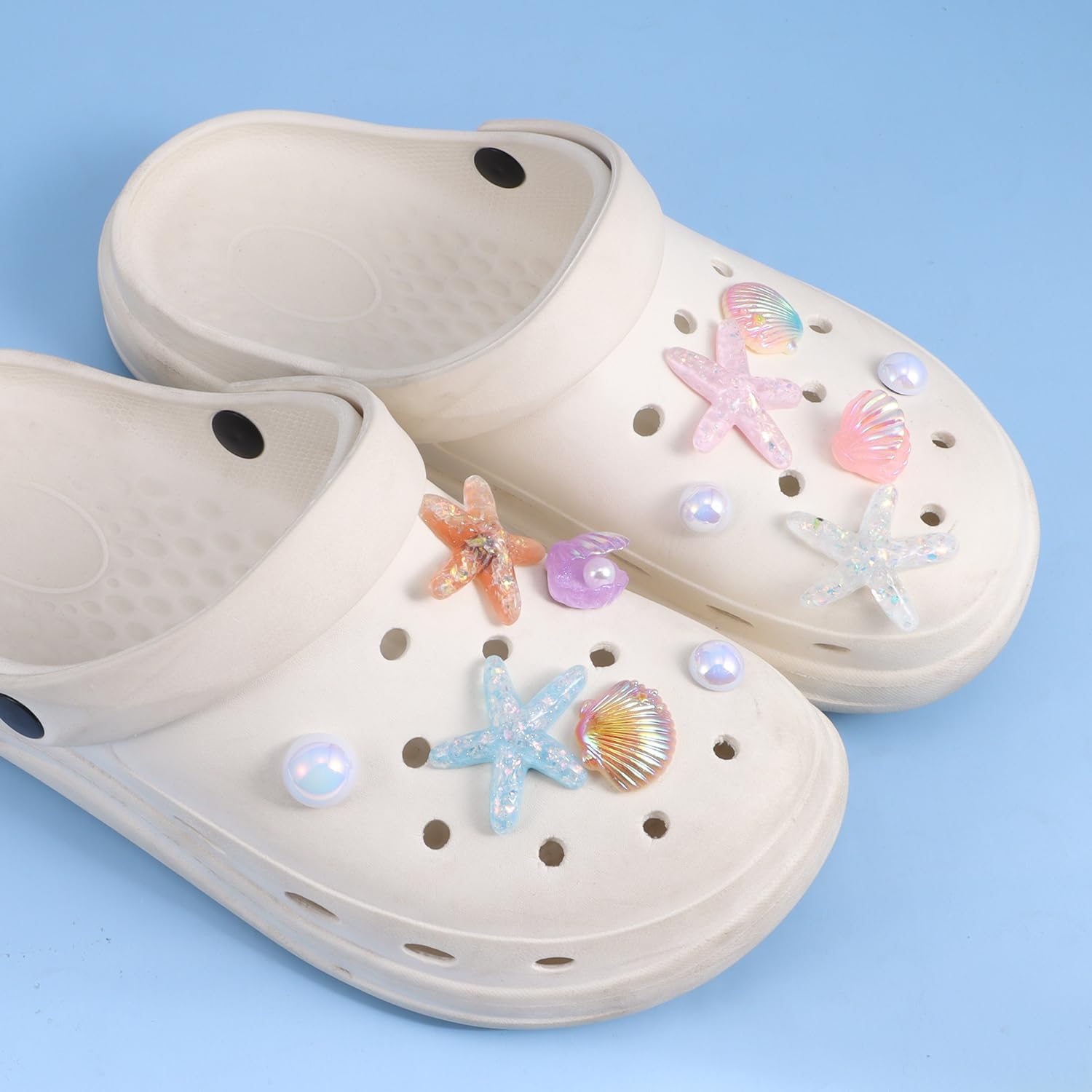 h-7 Summer Beach Theme Set: This shoe charm set features starfish, seashells and pearl accents, capturing a fresh beach vibe to personalize your Bling Shoe Charms for Women, Shoe Charms for Sneakers, Sandal Sneaker  Shoe Sharms, Shoe Decoration Charms