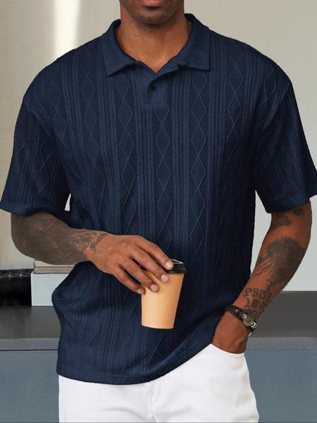 Men's Textured Design Knit Polo Shirt, Casual Summer Fitted Plain Pattern Top, Moderate Fabric Men's Clothing for Daily Wear, Menswear, Knitted Shirt