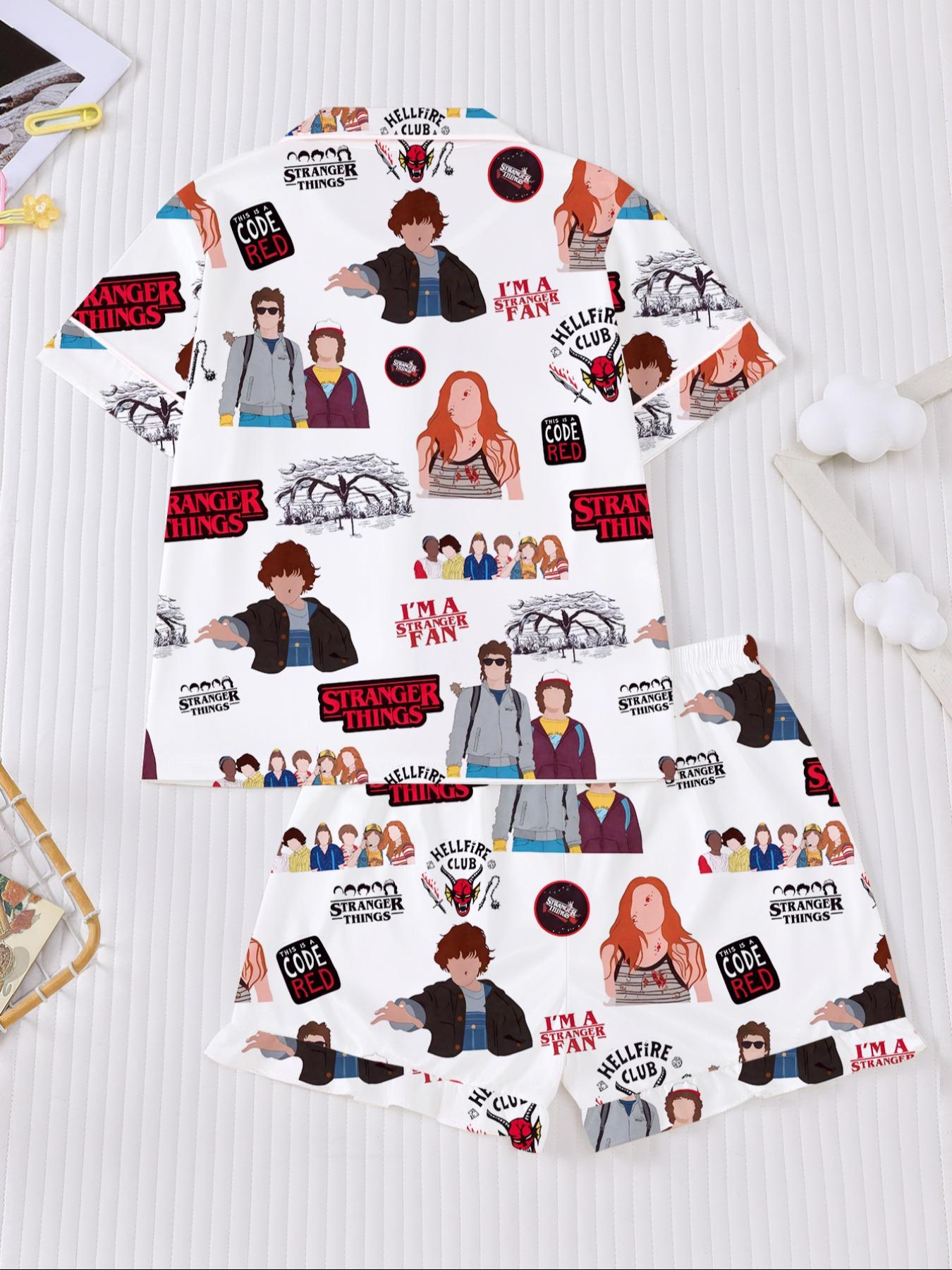 Stranger Things Cartoon Print Pajama Set for Kids, Casual Comfy Pajama - Summer Short Sleeve Home Wear 2-Piece Set, Flame-Retardant Turn-Down Collar Shirt and Loose Elastic Waist Shorts Set