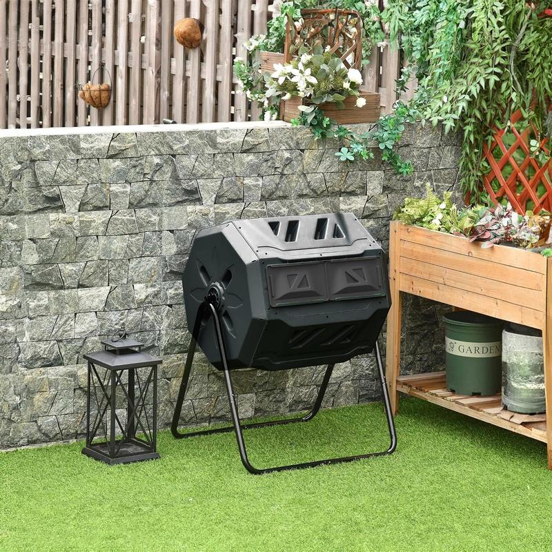 Hourleey Compost Bin Outdoor, 43 Gallon Dual Chamber Tumbling Composting Bin with Sliding Doors, Tumbler Rotating Batch Composter Bin for Garden Kitchen Yard Household Items