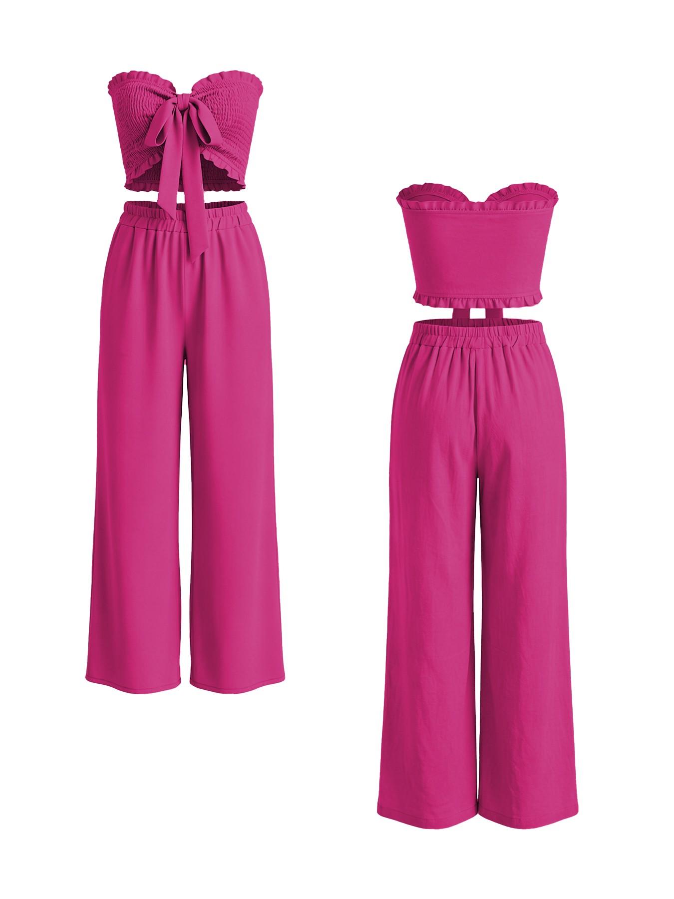 Women's 2-Piece Vacation Set, Fit, Strapless Top with Tie-Up Design, High-Waisted Wide-Leg Pants, Perfect for Beach Parties, Womenswear Women's 2-Piece Vacation Set, Fit, Strapless Top with Tie-Up Design, High-Waisted Wide-Leg Pants, Perfect for Beach Parties, Womenswear