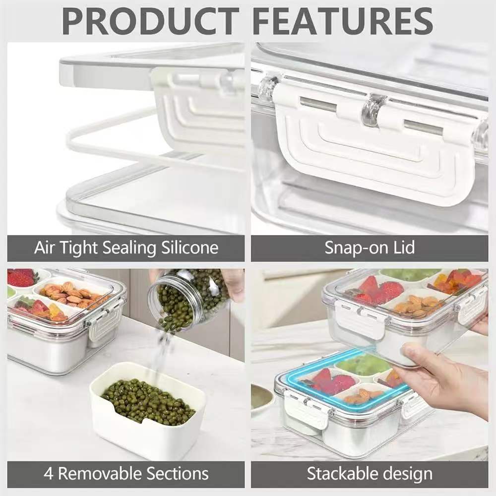 Four-Compartment Covered Snack Box, Food Storage Container, Ideal for Parties, Guests, Kitchen Use, Fruit Vegetable Snack Organizer