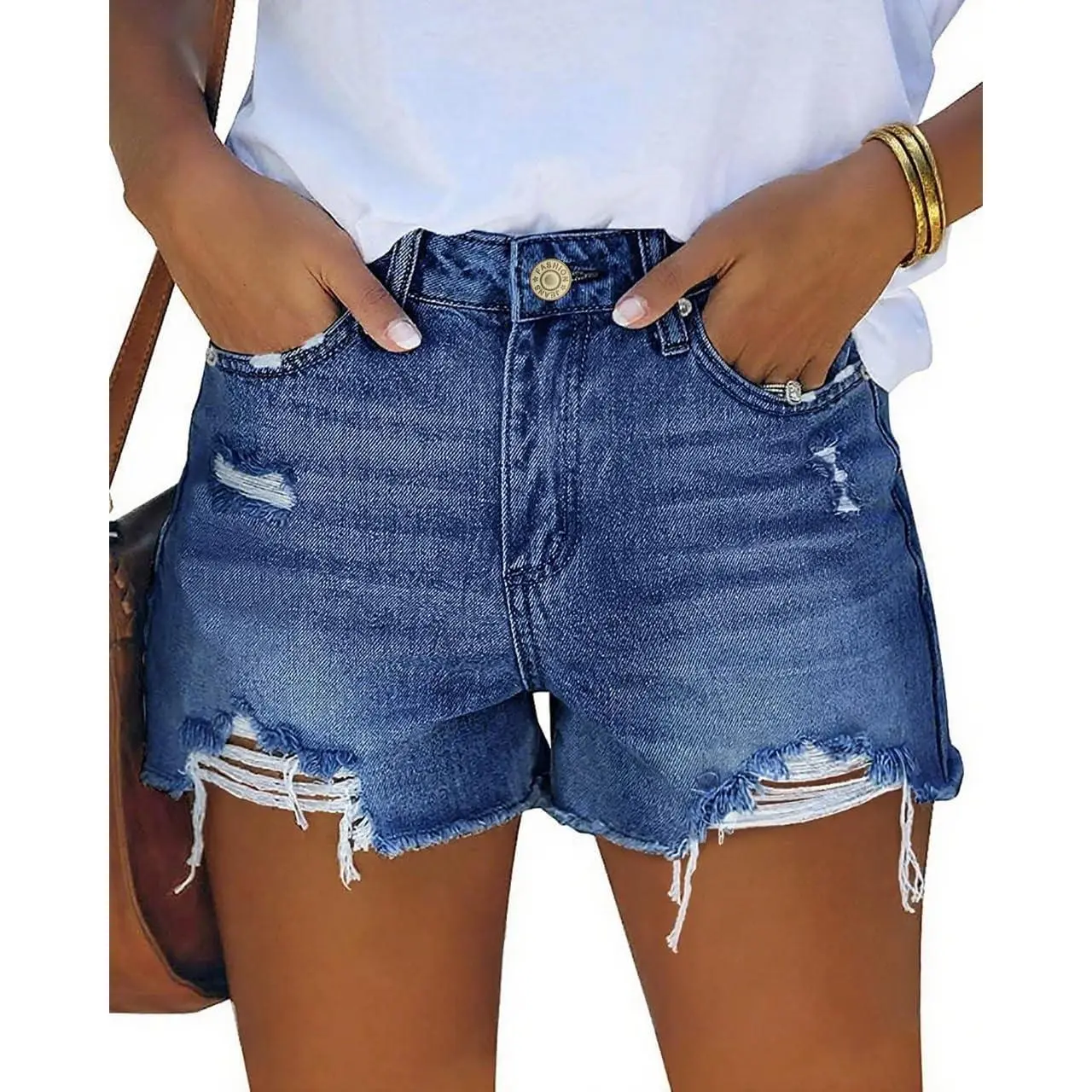 Jean Shorts Womens Mid-High Rise Casual Stretchy Ripped Cut-Off Summer Blue Denim Shorts
