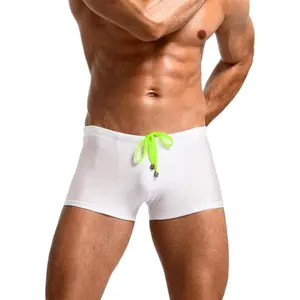 Men's Bright Color Swim Trunks, Sexy Stretch Swimwear, Drawsting Low-Rise Square-Leg