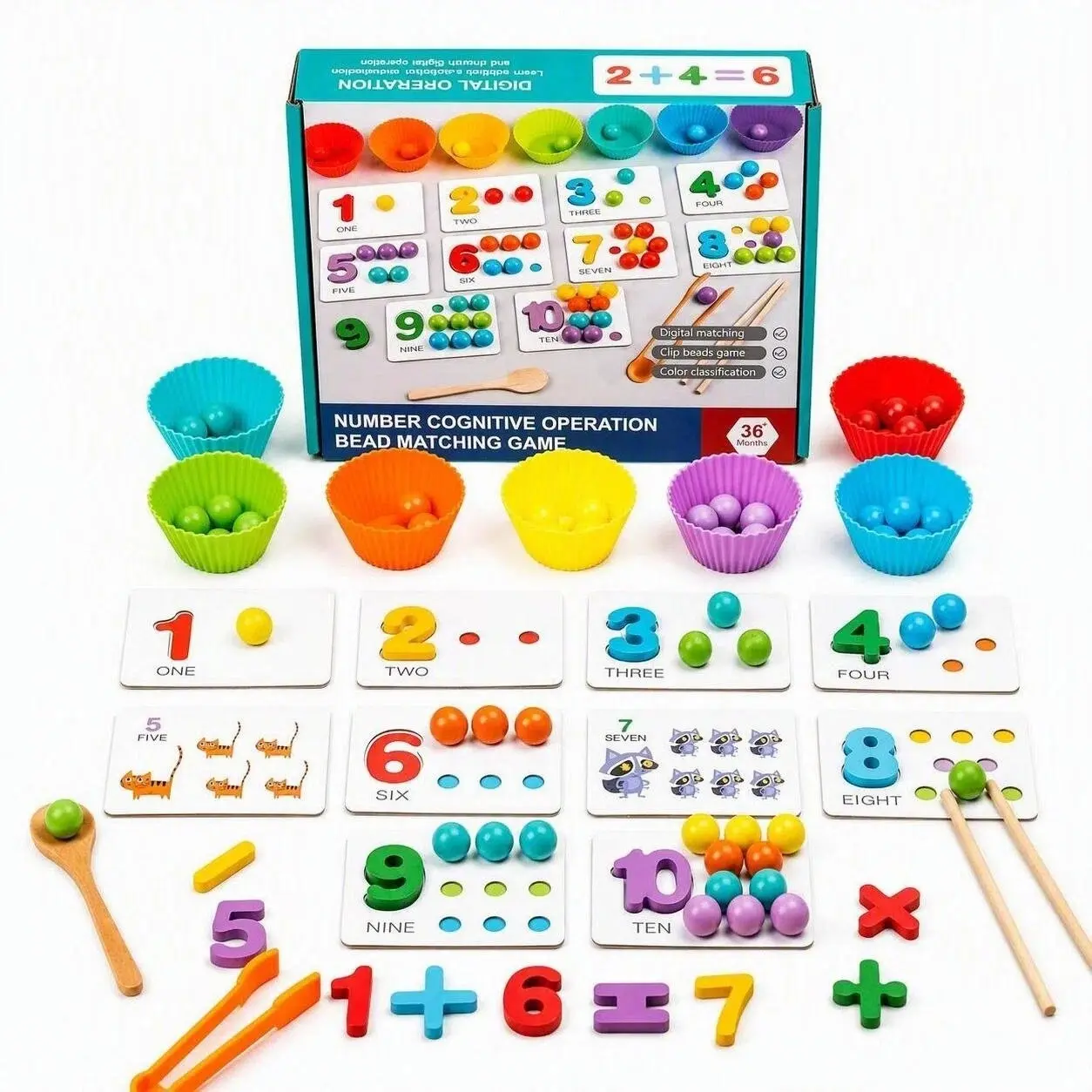 Wooden Montessori Number Bead Matching Early Education Toy, Color Classification Math Tool, Fine Motor Skills Game, 3+ Years