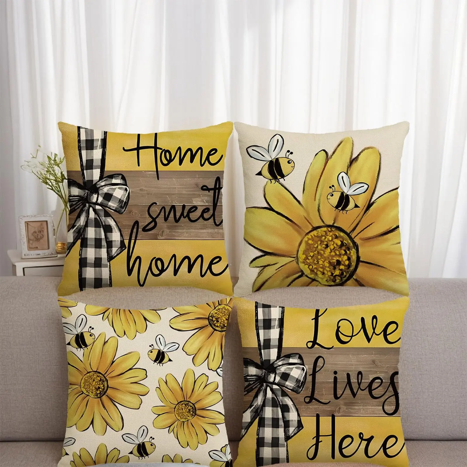 4pc Love Lives Here Bee Sunflower Pillow Set, 18x18 Inch Home Sweet Home Decor, Spring Summer Design, Sofa Bedroom Living Room Decoration