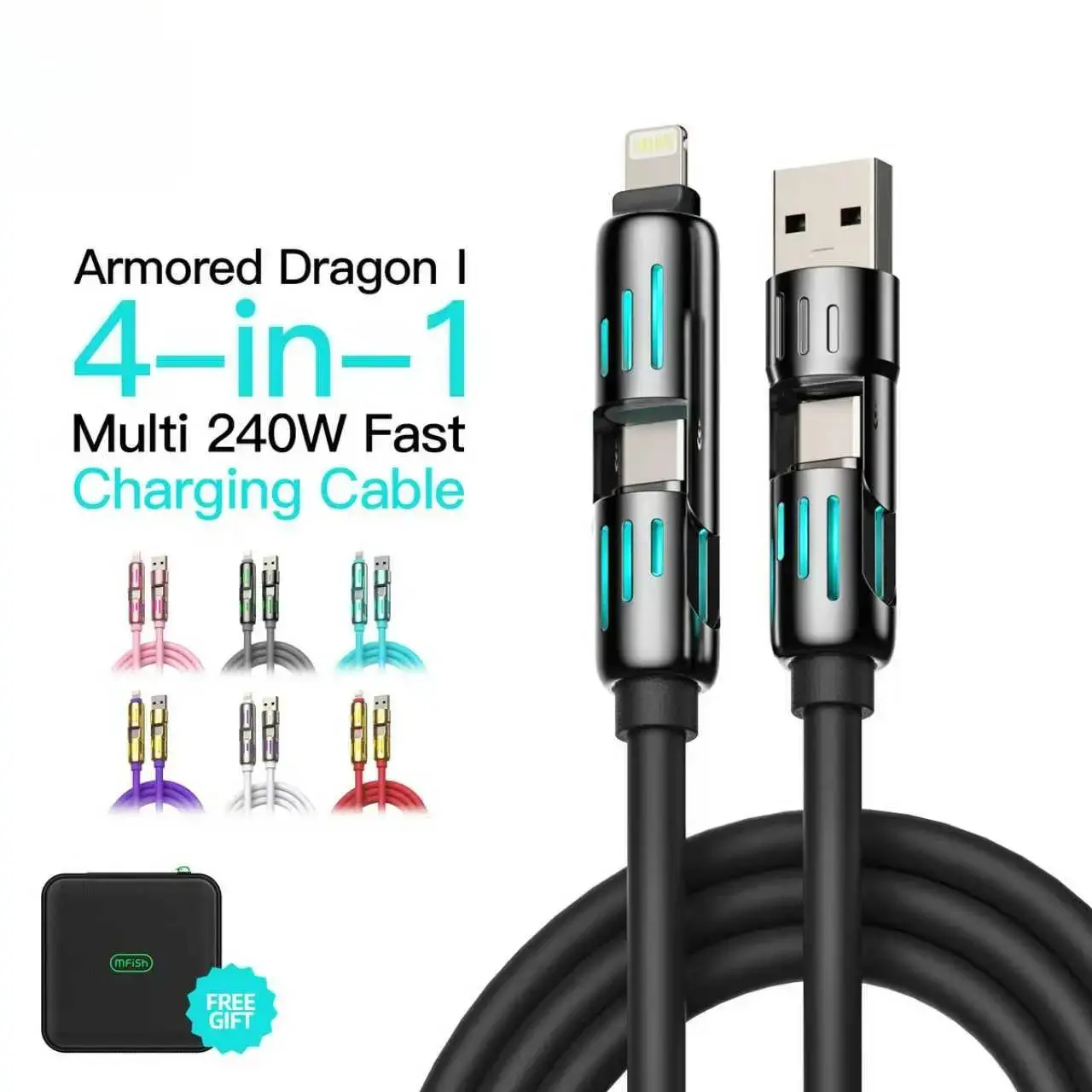 240W Universal 4-in-1 Charging Cable, Soft Liquid Multi Port Charger Wire, USB-A/Type-C/Lightning Multi Connector for iPhone 17, Smartphone, Laptop