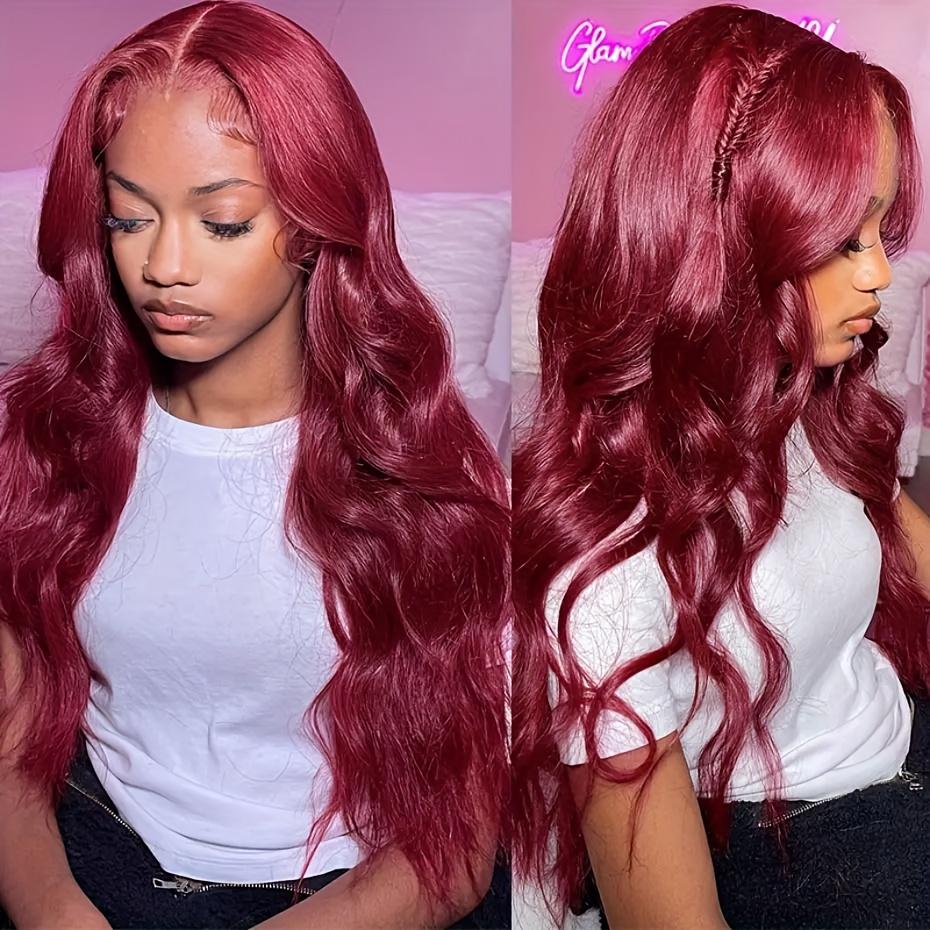 Bling Hair 99j Red Color Body Wave 13x4 Lace Front Real Hair Wig 180% Density Pre Plucked Baby Hair Real Hair Lace Closure Wig Lace Frontal Wig 100% Real Hair