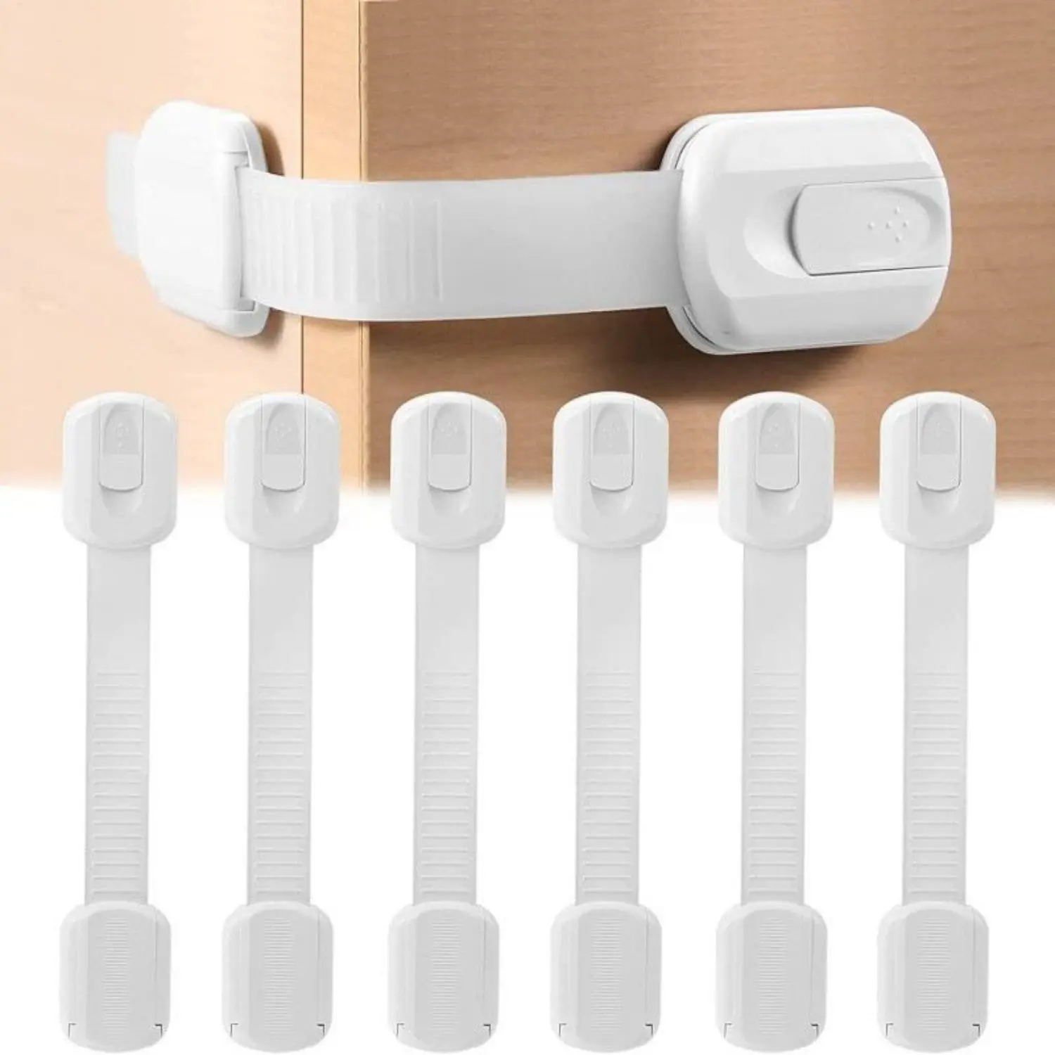 6 Pcs Child Proofing Cabinet Locks Adjustable Multi Use Straps Latches for Drawers, Fridge, Dishwasher, Toilet Seat, Cupboard, Closet, Oven,Trash Can, Adhesive No Drilling