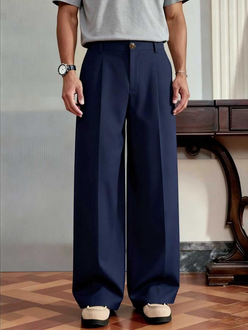 Men's Versatile Solid Color Wide Leg Pants, Casual Minimalist Trousers, Unique Button Design, Fitted Style, Perfect for Parties and Daily Wear Men's Versatile Solid Color Wide Leg Pants, Casual Minimalist Trousers, Unique Button Design, Fitted Style, Perfect for Parties and Daily Wear